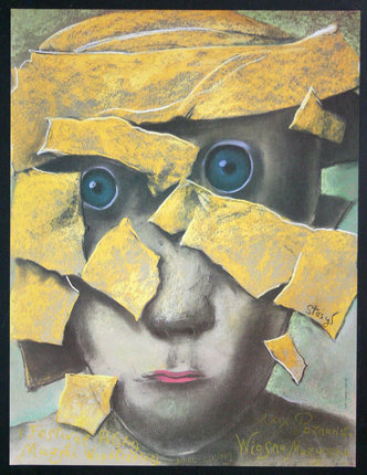 a poster with a face covered in yellow pieces of paper