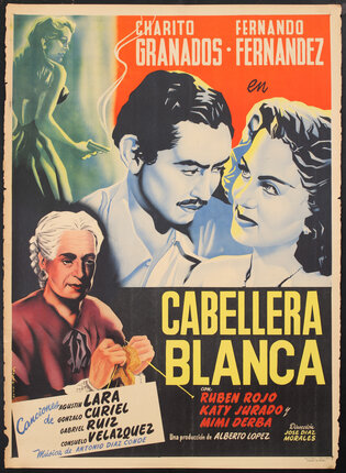 a movie poster with a man and woman in an embrace, a grandmother and a woman with a smoking gun