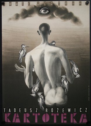 a poster of a man with birds on his back