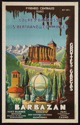 a poster a globe shaped water receptacle with a cathedral in the background