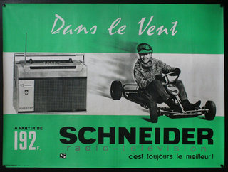 a green and white poster with a person on a go kart