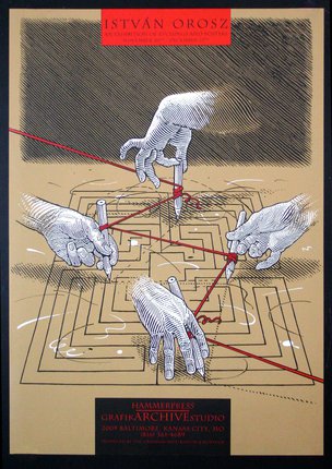 a poster with hands drawing a maze