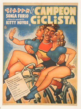 a poster of a man and two women riding bicycles
