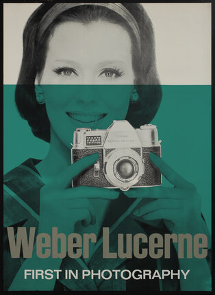 Poster with text and a woman smiling holding a camera