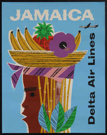 a poster of a face in profile with fruit in a basket balance on it's head