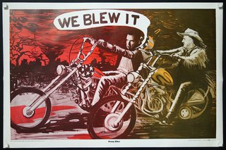 a poster of two men riding a motorcycle