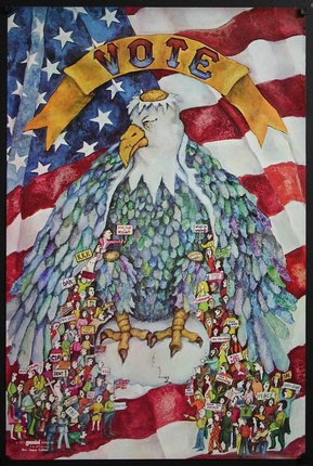 a illustration of an eagle with a flag and a banner that reads vote