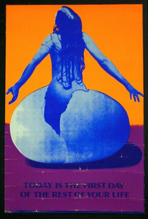 a poster of a woman sitting on an egg