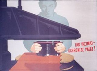 a poster of a man holding a black container