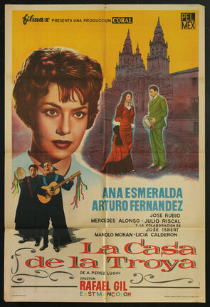 a movie poster with illustrated large face portrait of Ana Esmeralda with a couple and musicians in smaller sections