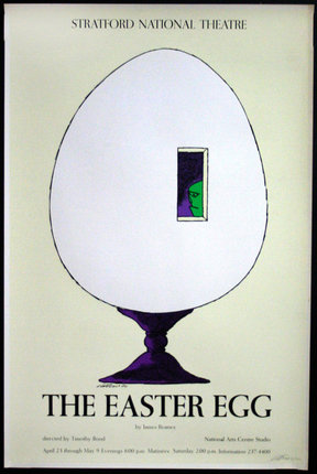 a poster with a cartoon of a egg with a window