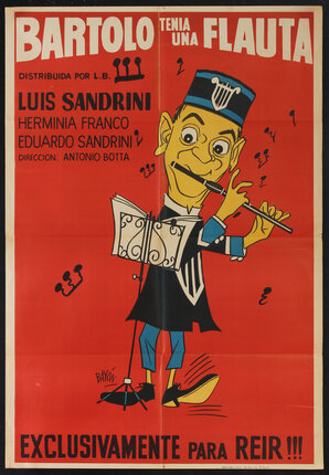 an illustrated movie poster with a cartoon man playing a flute