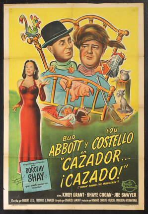 a movie poster with caricature illustrations of Abbott and Costello in bed and a woman in a red evening gown to the side