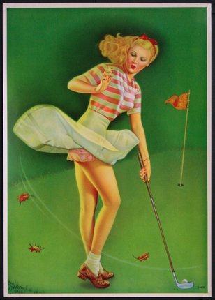 a woman playing golf on a green background