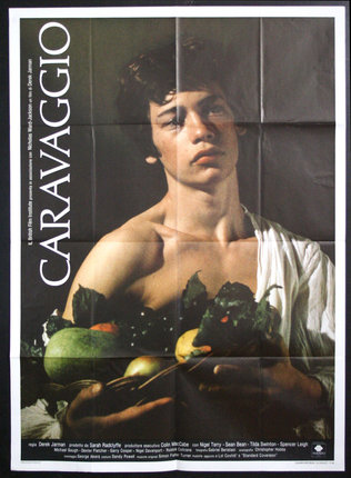 a poster of a man holding vegetables