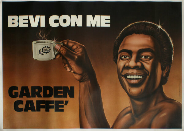 a poster of a man holding a cup of coffee