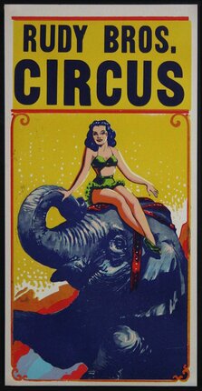a poster with a woman on top of an elephant