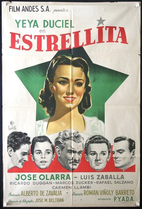 a poster of a woman with a star and many faces