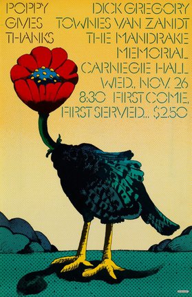 a poster with a bird and a flower