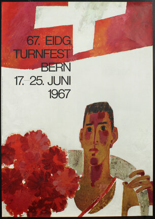 a poster of a man with swiss flag and flowers