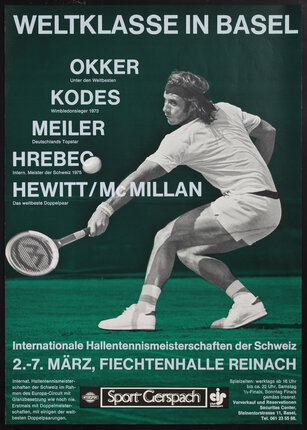 Tennis event poster with tennis player Guillermo Vilas on the court mid back-hand swing with text.