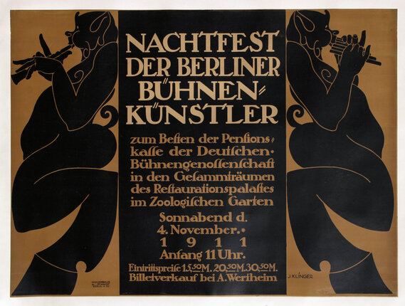 a poster with two mythological pan creatures playing pan-pipe flutes.