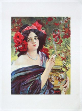a woman with a floral headpiece smoking and holding a decorated urn 