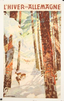 a painting of deer in the snow