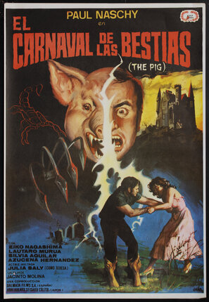 A movie poster with a face split in two by a lightening bolt. On one side of the face is a pig, on the other, a man. People are fighting below.