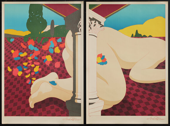 a poster of a naked woman lying on a red checkered blanket her head is not visible