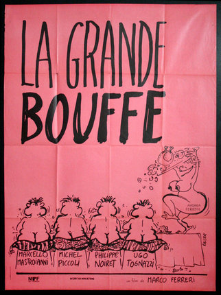 a pink poster with black text