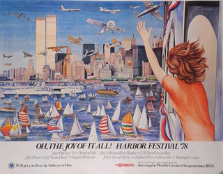 a poster of a woman waving to a city