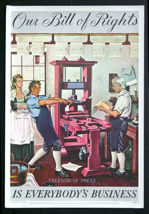 a poster of a man and woman working on a printing press