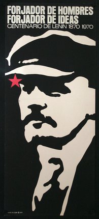 a black and white poster with a man's face and a red star
