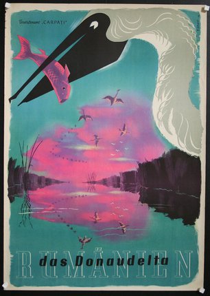 a poster of a bird flying over a lake