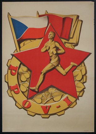 a poster of a runner and a flag