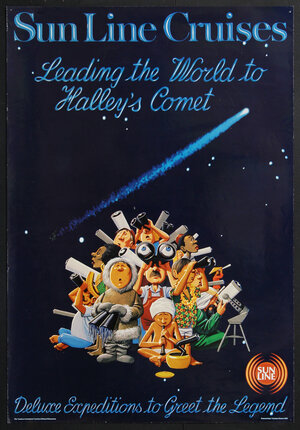 a poster with cartoon characters from around the world huddled together looking at the sky from various telescopes