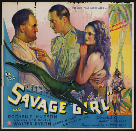 movie poster with two white men arguing and a woman in the arms of one of them in a jungle with a puma leaping and a native man with a drum in the distance