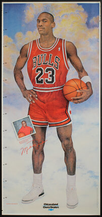 Michael Jordan stand among clouds with a basketball.
