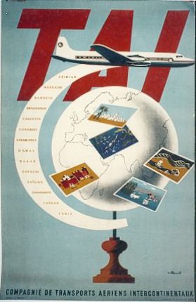 a poster with a plane flying over the globe