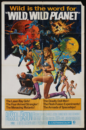 movie poster with a kneeling woman in a silver bikini holding a ray gun and planets and space adventure scenes behind her