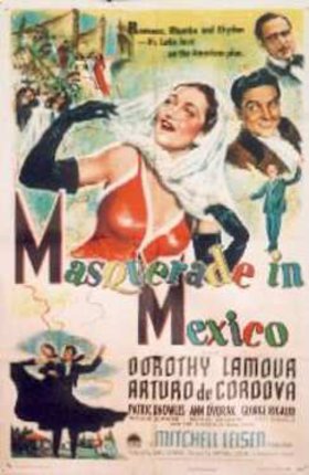 a poster with a woman in a red dress and a man in a suit