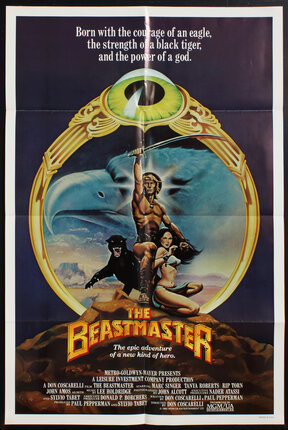 a movie poster with a man holding a sword and two black animals
