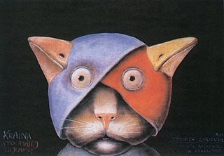 a painting of a cat wearing a bird mask