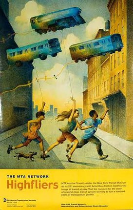 a poster of a group of kids running with a train