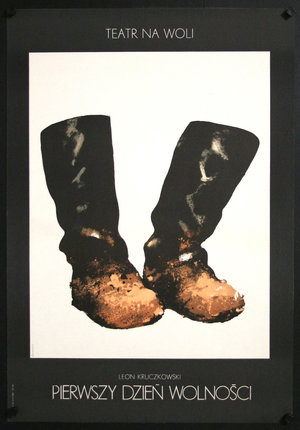 a black framed picture of boots