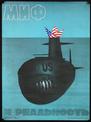 a poster of a submarine with a flag on top