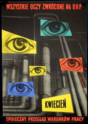 a poster with many colored eyes