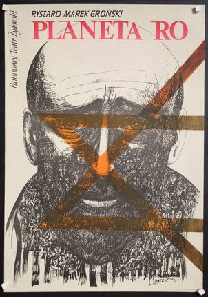 a poster with a man's face and orange cross