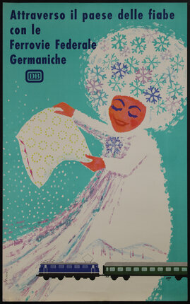 German poster with a fairytale Snow Queen wearing a snowflake globe-shaped crown scattering snow flakes from her pillow and a train at the bottom